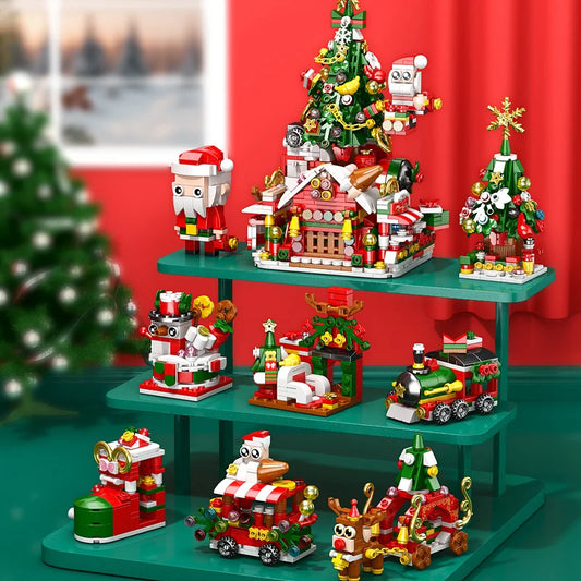 8-in-1 Christmas village toy set assembled on festive table.