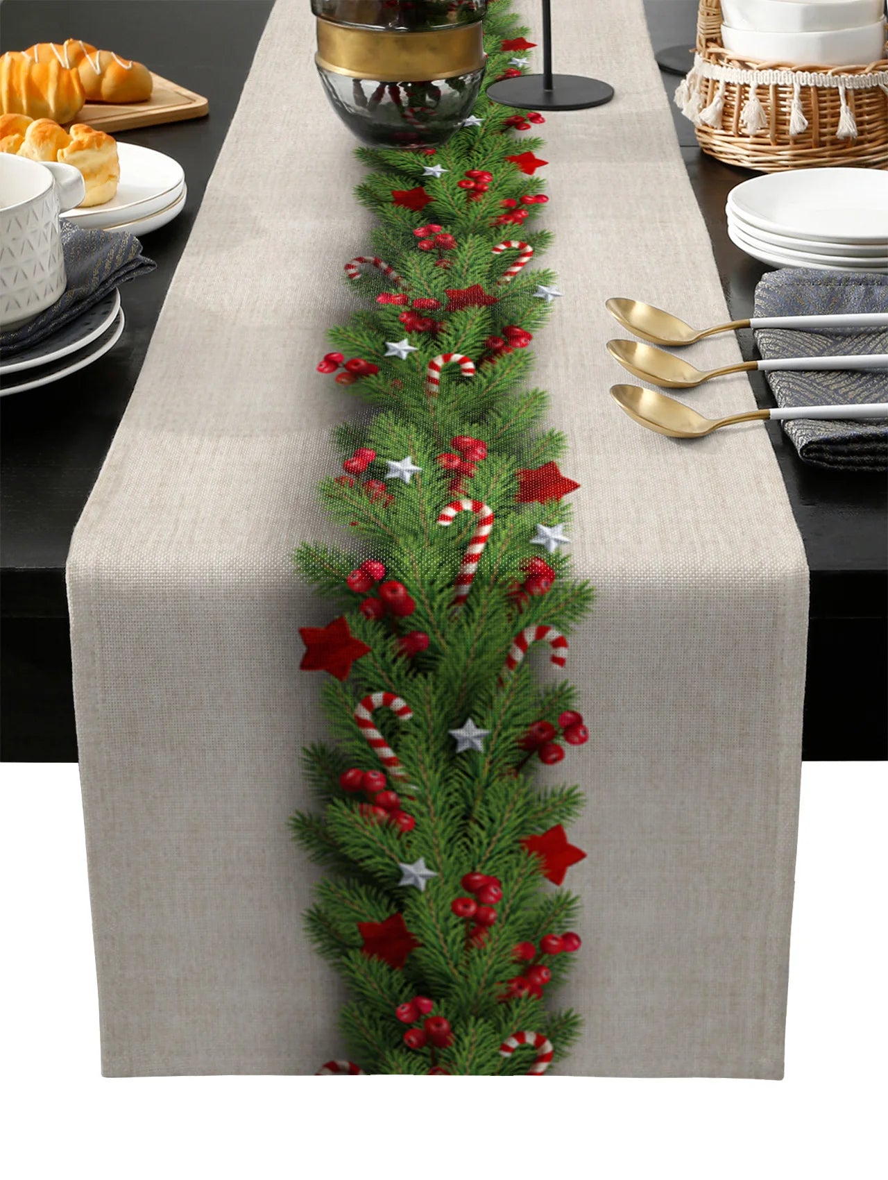 Cozy Christmas dining arrangement with elegant linen runner.