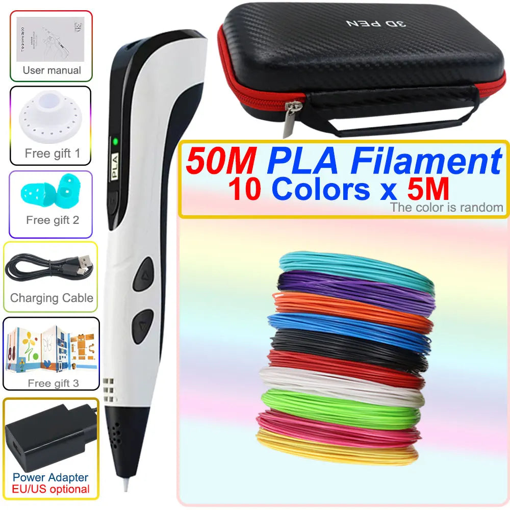 3D pen set with LCD display and power adapter.