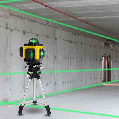 construction worker using green laser level indoors
