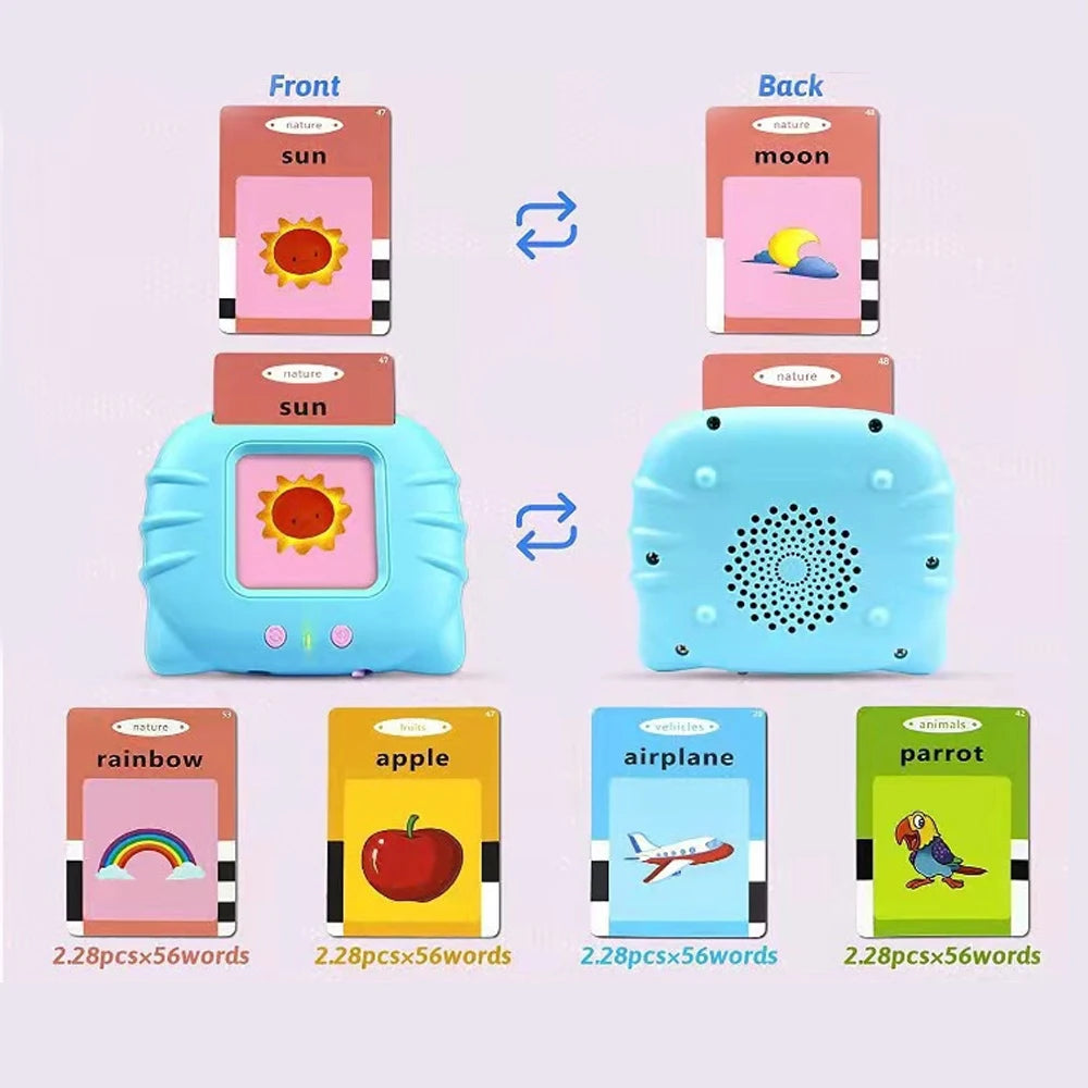 Blue and pink talking flashcards reader with USB charging.