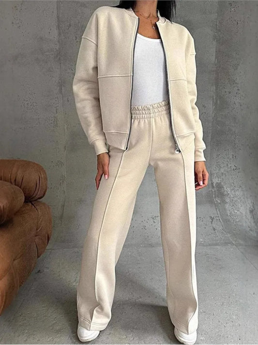 "Women autumn winter zip jacket and wide leg pants set"