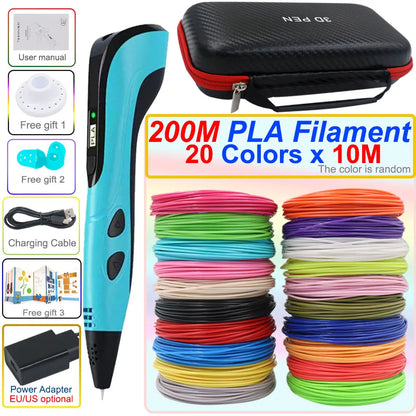 3D pen set with LCD display and power adapter.