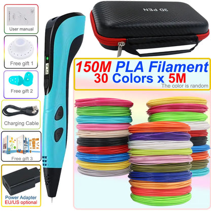 3D pen set with LCD display and power adapter.