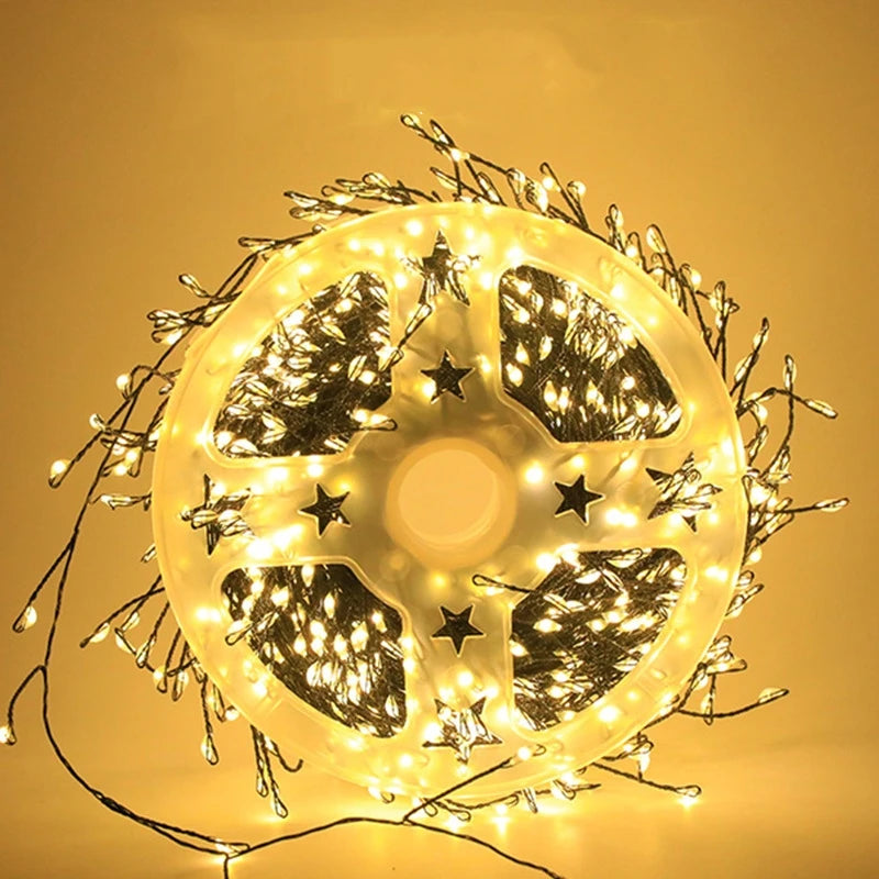LED firecracker string lights glowing in Christmas living room décor.