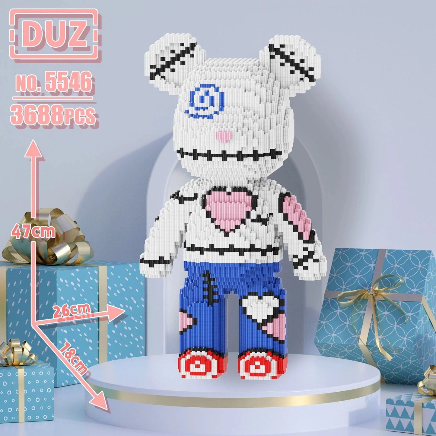 hands assembling oversized bear building blocks
