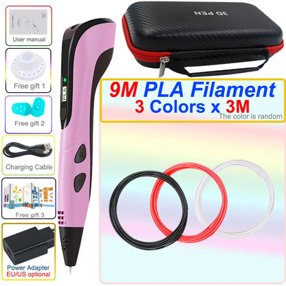 3D pen set with LCD display and power adapter.