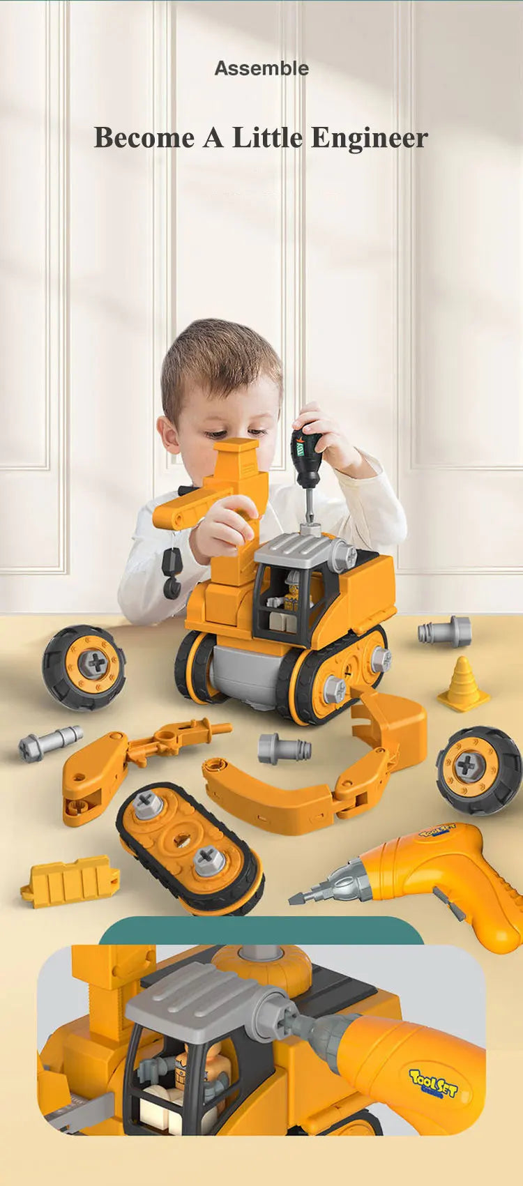 diy kids engineering vehicle toy set with electric drill
4