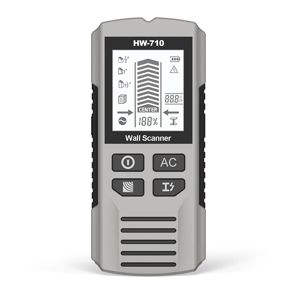 diy enthusiast using stud finder before drilling wall
6