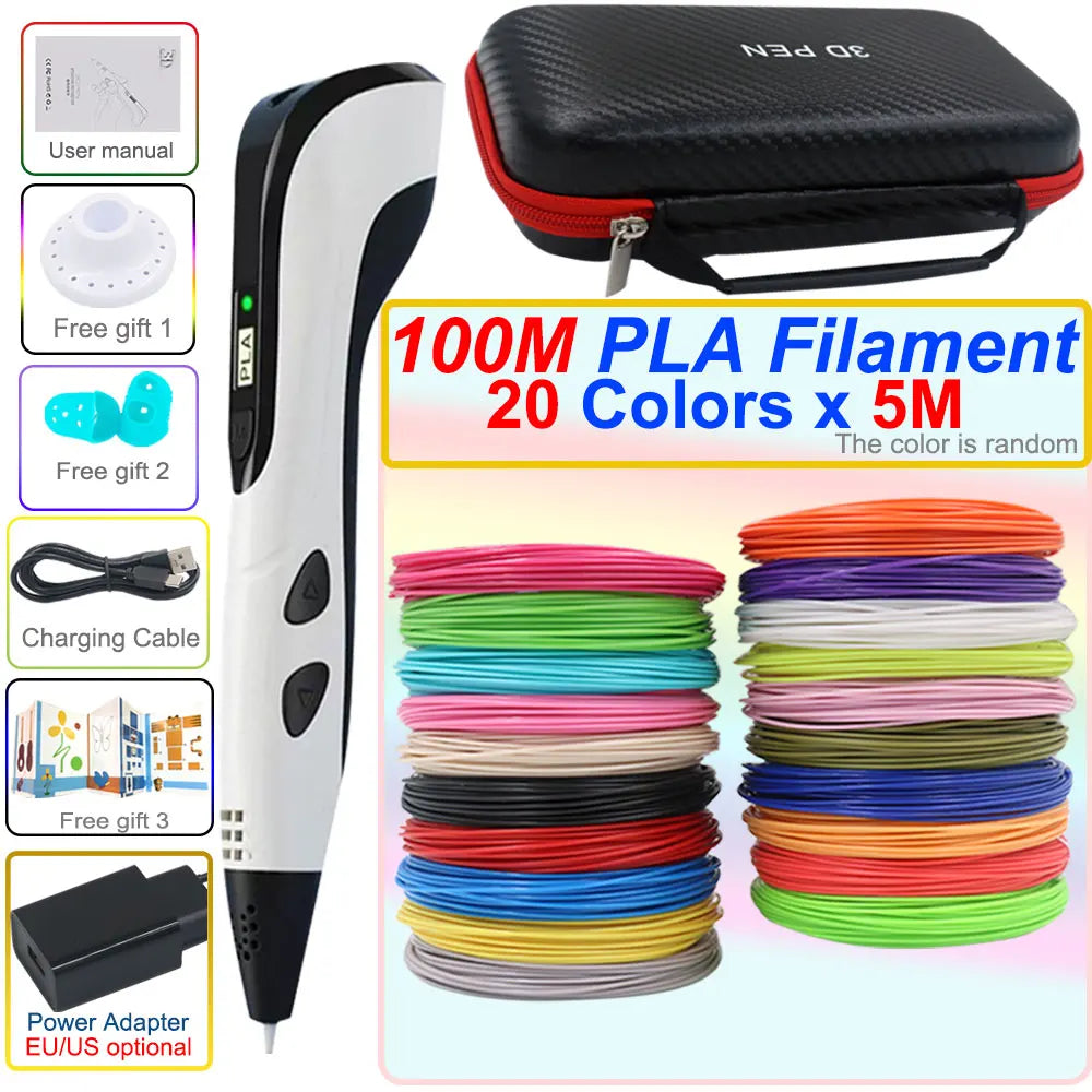 3D pen set with LCD display and power adapter.