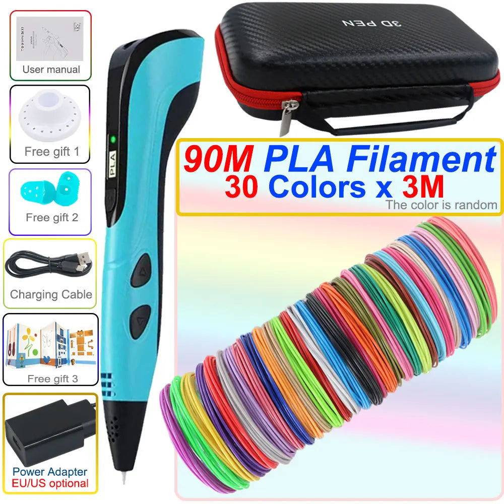 3D pen set with LCD display and power adapter.