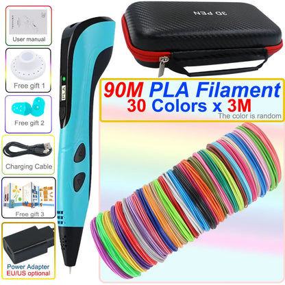 3D pen set with LCD display and power adapter.