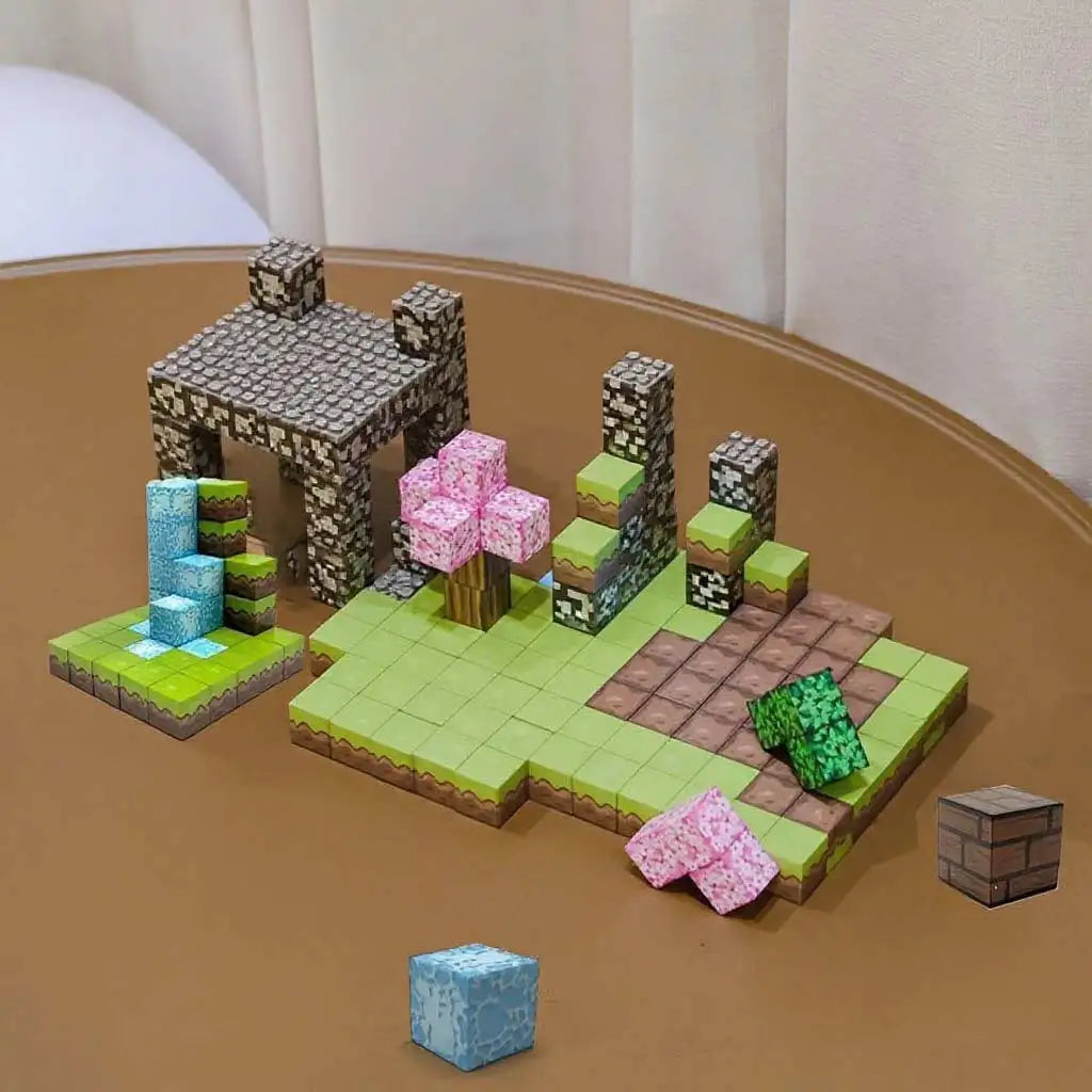 kids building towers and houses with magnetic blocks