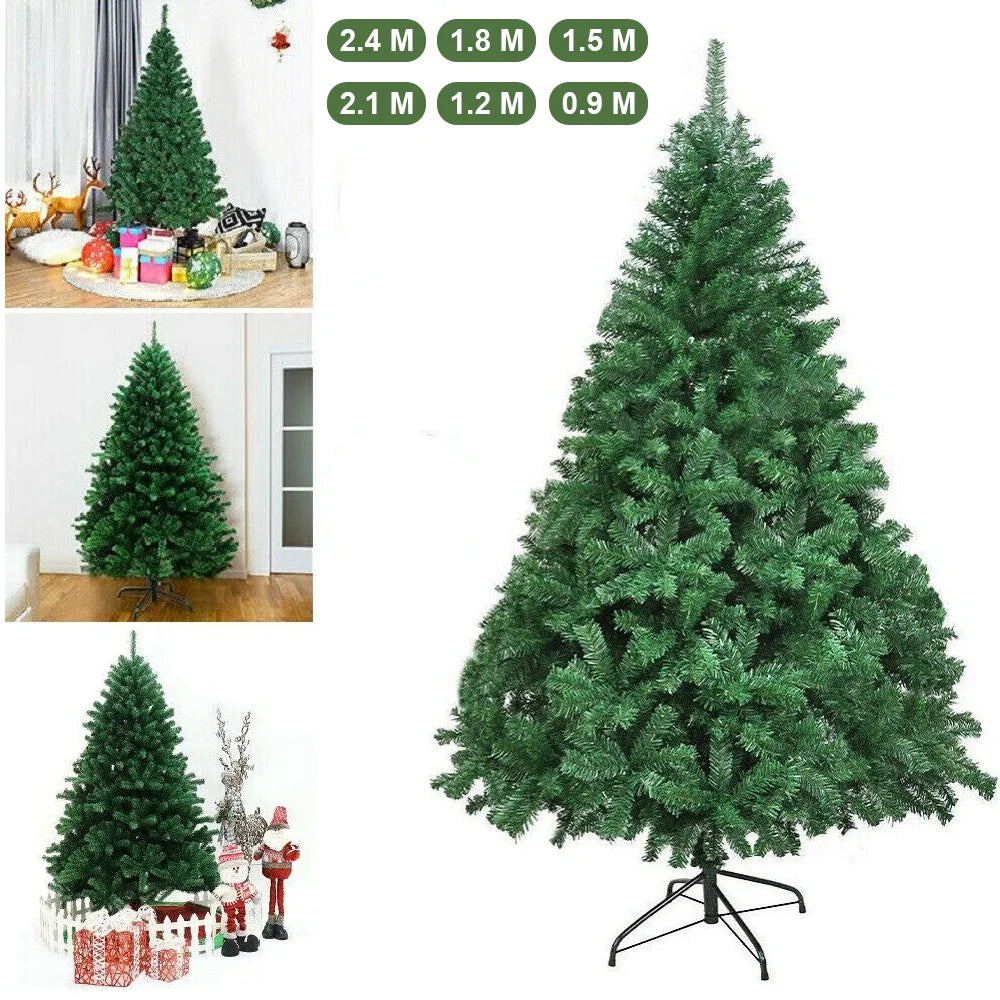Artificial Christmas tree with metal stand decorated in living room.