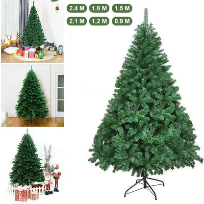 Artificial Christmas tree with metal stand decorated in living room.