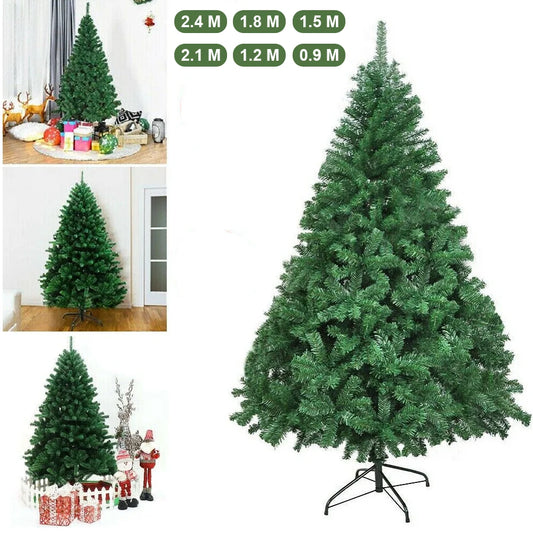 Artificial Christmas tree with metal stand decorated in living room.