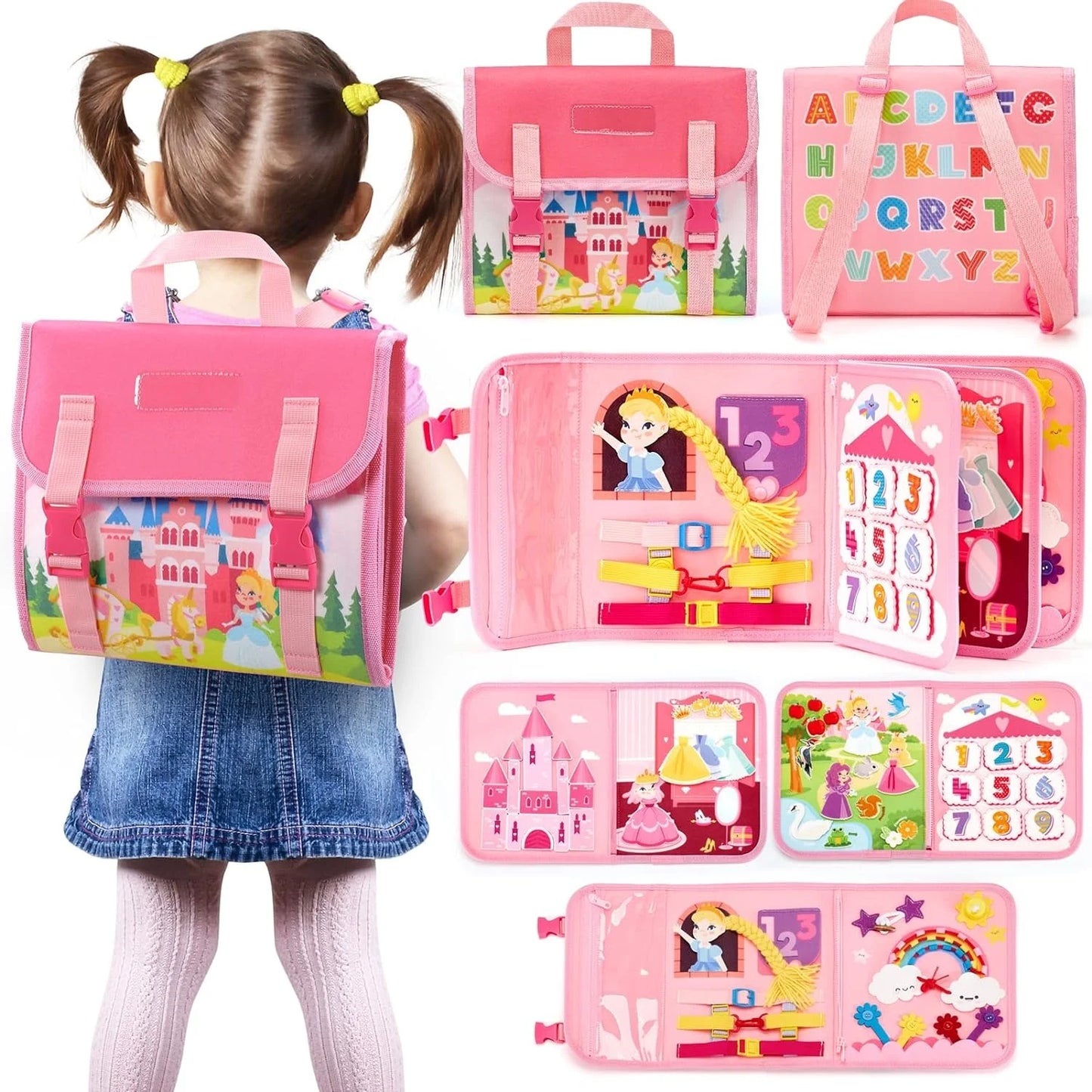 montessori busy board backpack with zippers buttons and buckles
