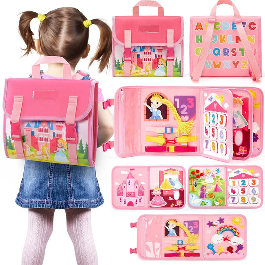 montessori busy board backpack with zippers buttons and buckles
