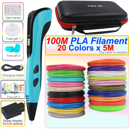 3D pen set with LCD display and power adapter.