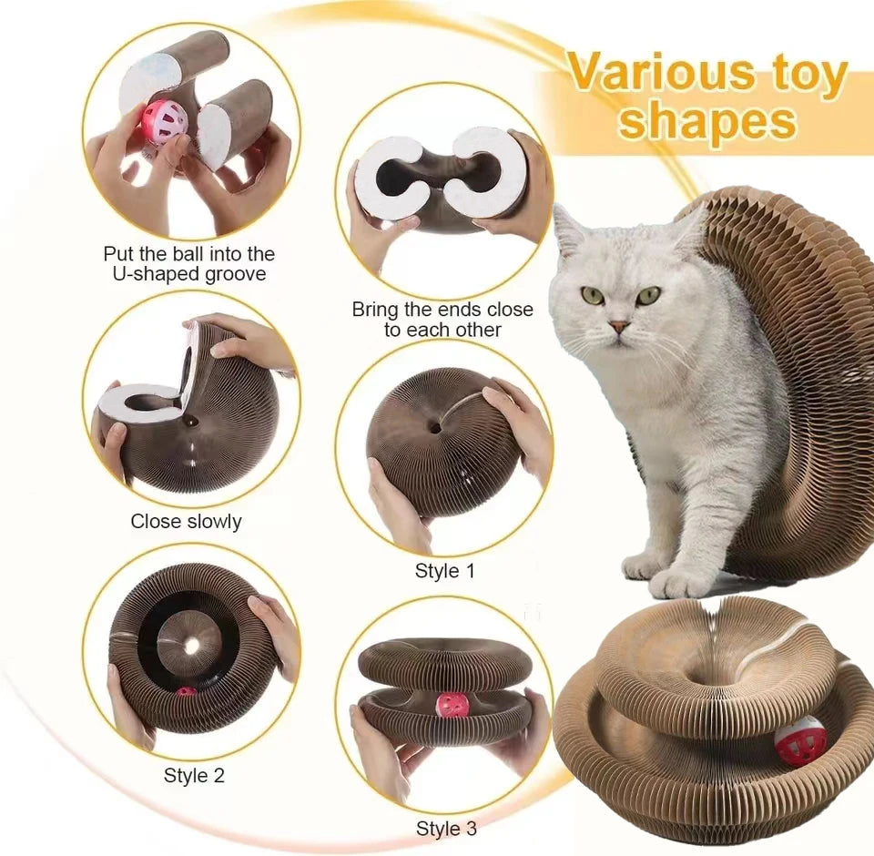 "round cat scratcher with interactive ball"