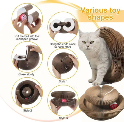 "round cat scratcher with interactive ball"