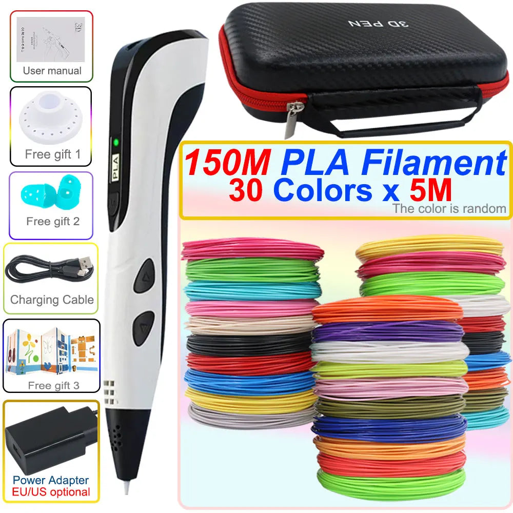 3D pen set with LCD display and power adapter.