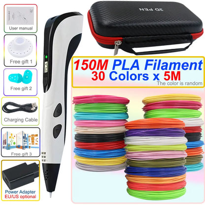 3D pen set with LCD display and power adapter.