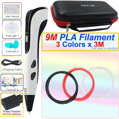 3D pen set with LCD display and power adapter.
