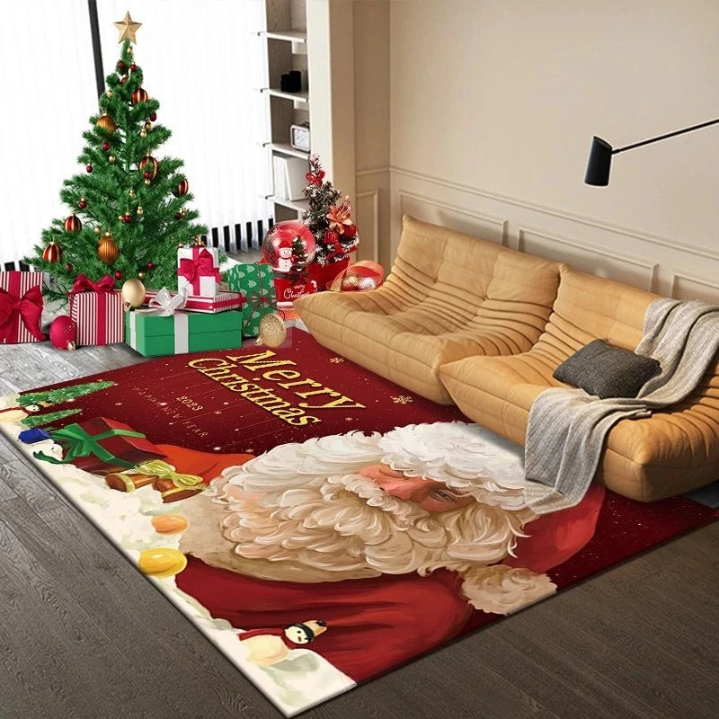 Christmas themed rug with 3D print in cozy living room.