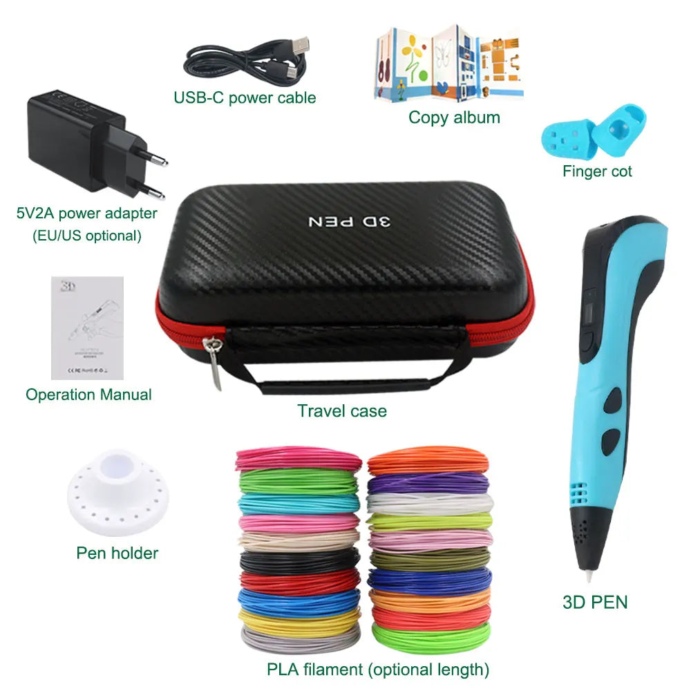 3D pen set with LCD display and power adapter.