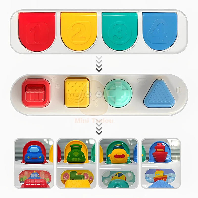 close-up of buttons and levers on baby pop-up toy
