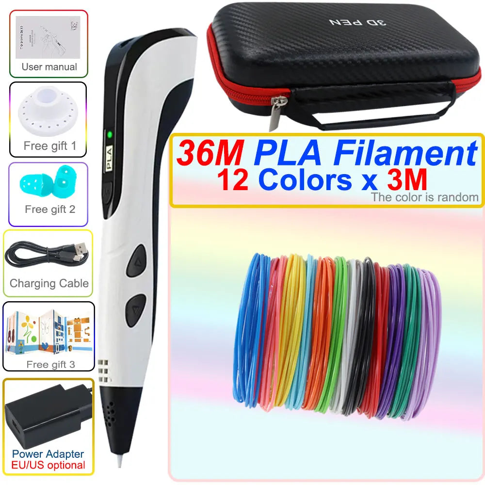 3D pen set with LCD display and power adapter.