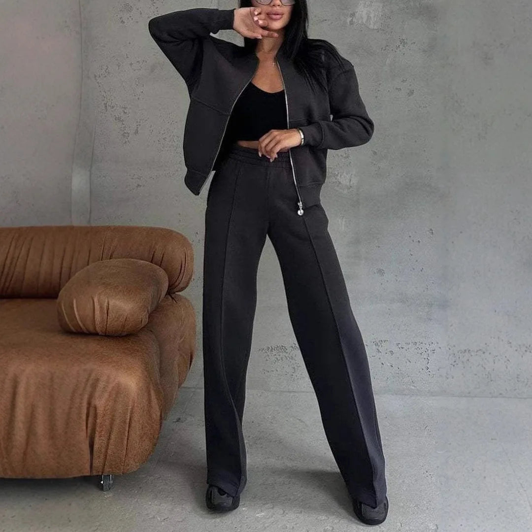 "Women’s two piece zip jacket and wide leg trousers"