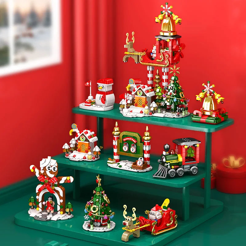 Santa Claus and sleigh building block model close-up.