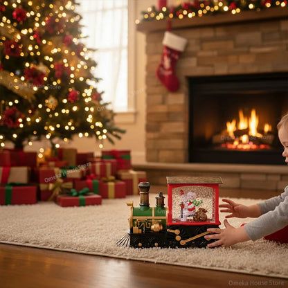 Retro-style Christmas train decoration with red and gold details.