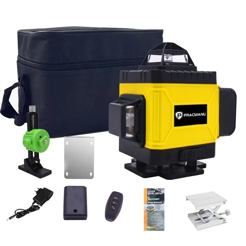 construction worker using green laser level indoors
