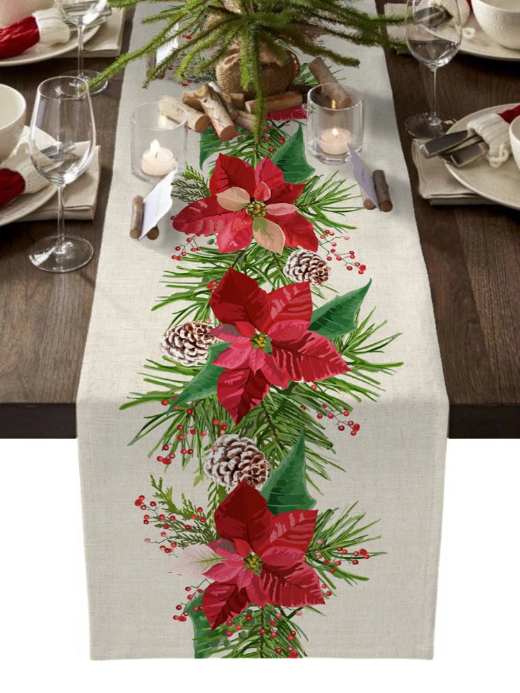 Nordic-style Christmas linen runner for holiday dining room.