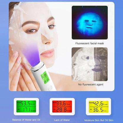 woman testing face hydration with lcd skin tester pen