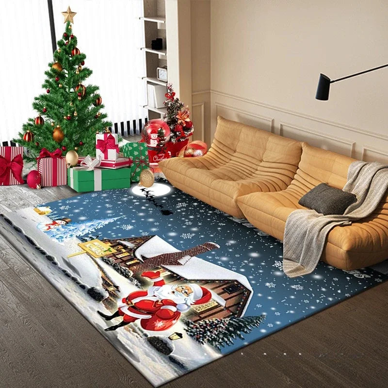 Festive floor mat enhancing Christmas room décor.