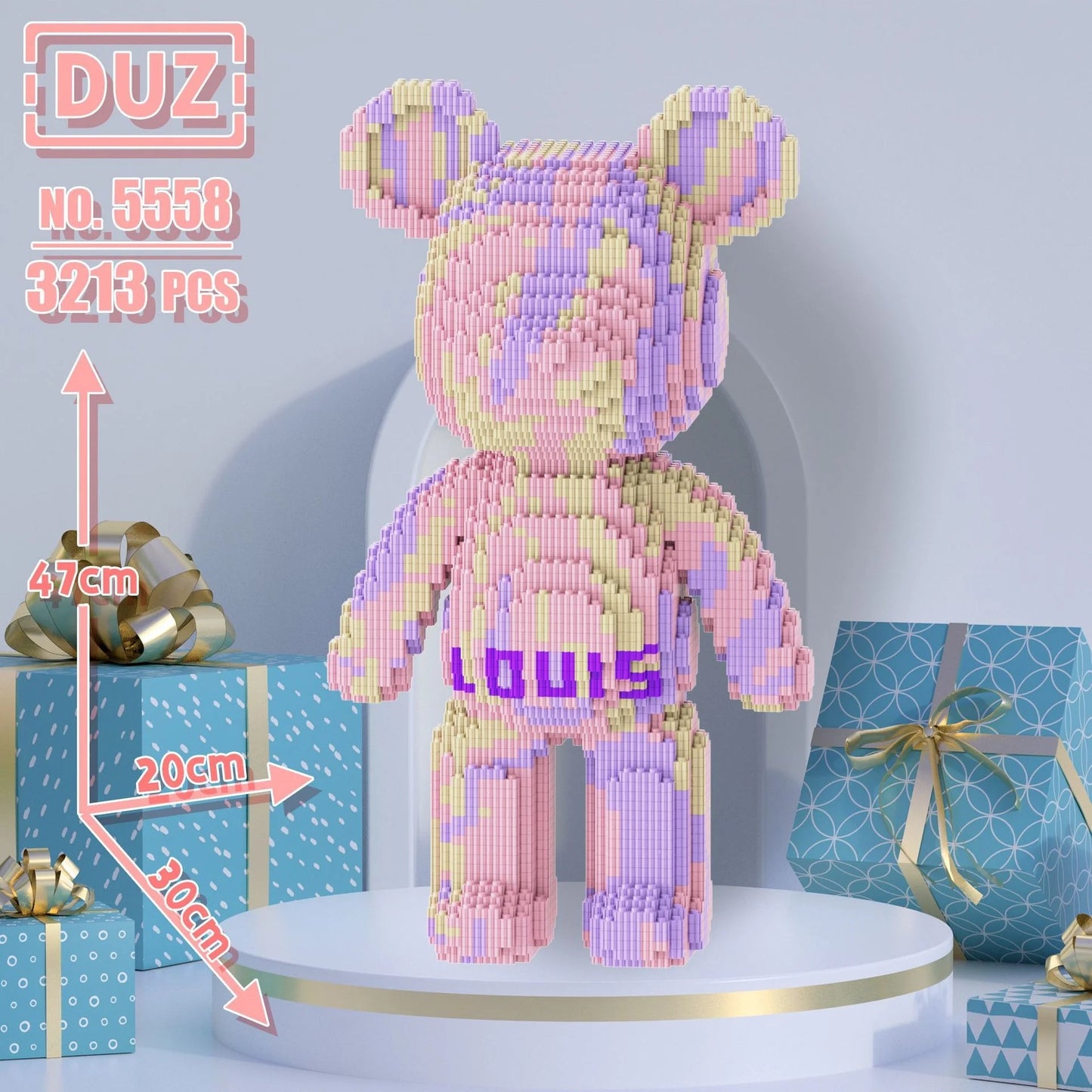 oversized toy bear made from assembled blocks
