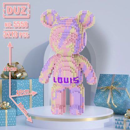 oversized toy bear made from assembled blocks
