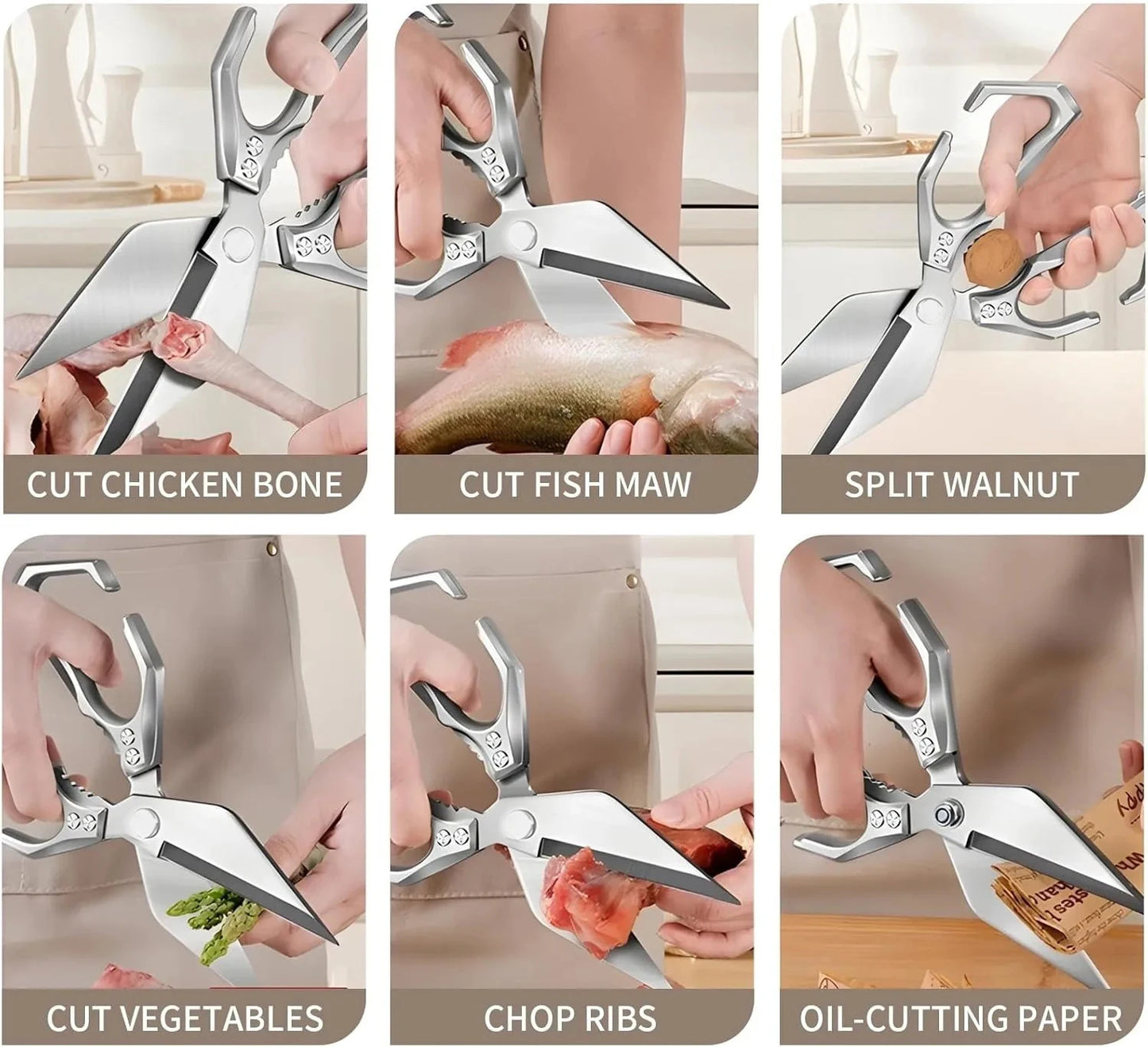 "Durable kitchen shears cutting raw chicken"