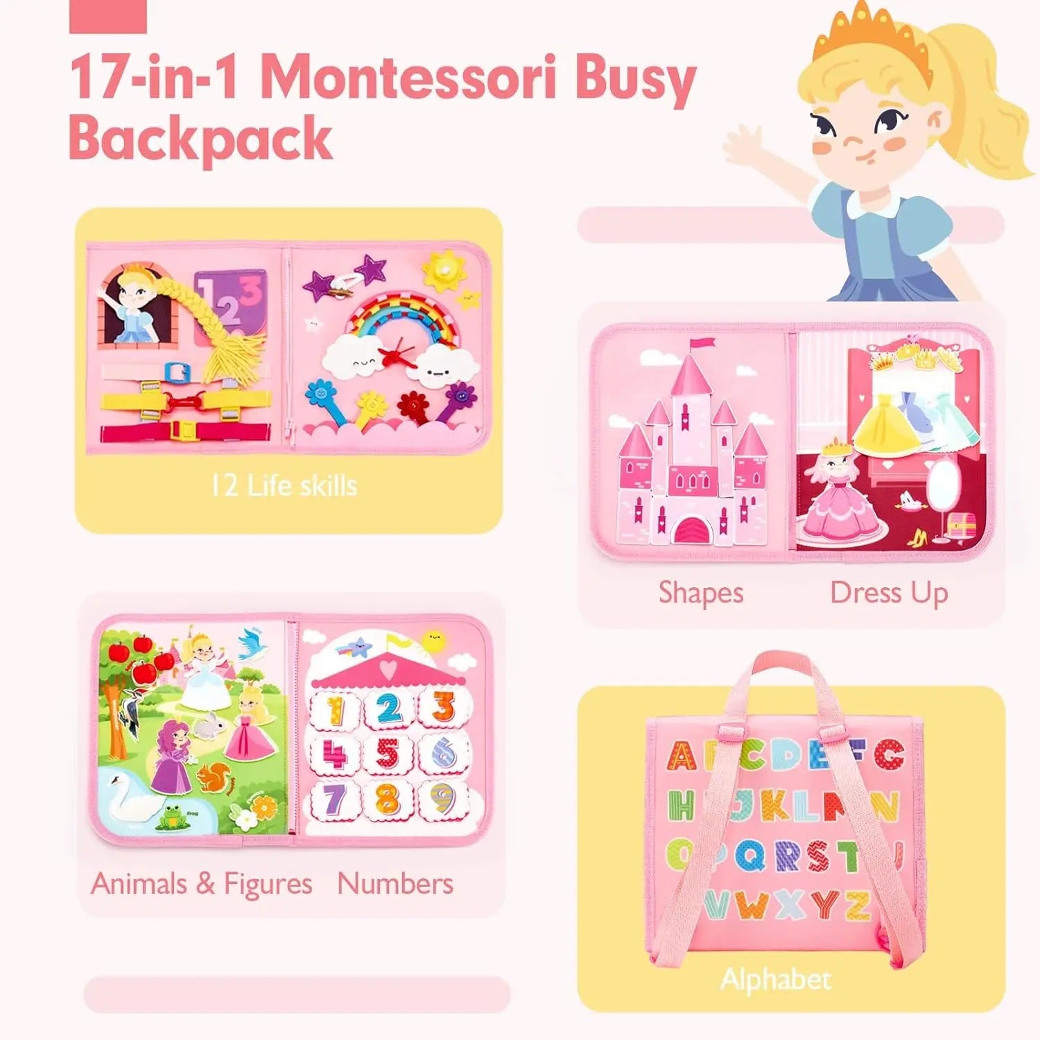 pink princess theme busy board backpack for toddlers
