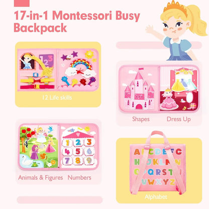 pink princess theme busy board backpack for toddlers
