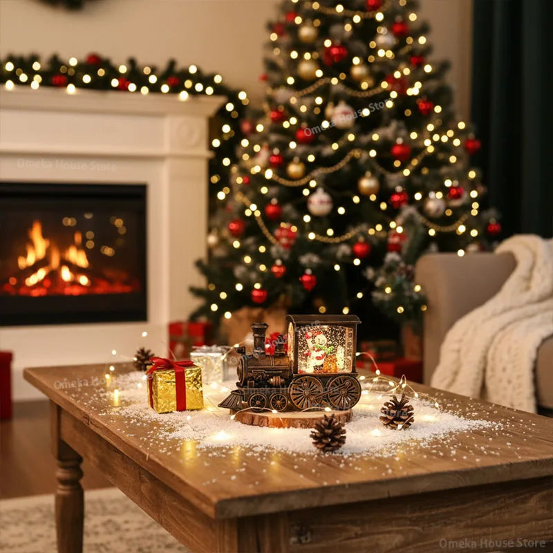 Festive table décor featuring illuminated Santa train.