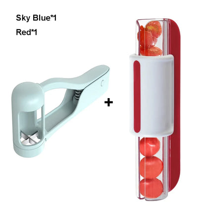plastic and stainless steel fruit cutter disassembled for cleaning
