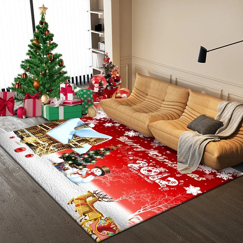 Christmas area rug placed near the decorated tree.