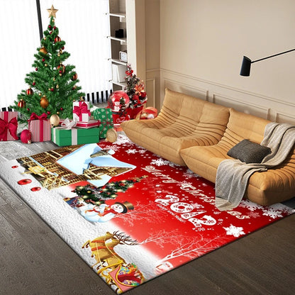 Christmas area rug placed near the decorated tree.