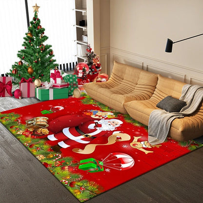 Festive floor mat enhancing Christmas room décor.
