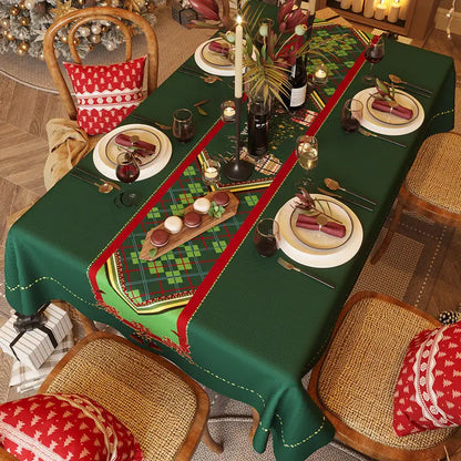 Red and green checkered Christmas tablecloth for home dining.